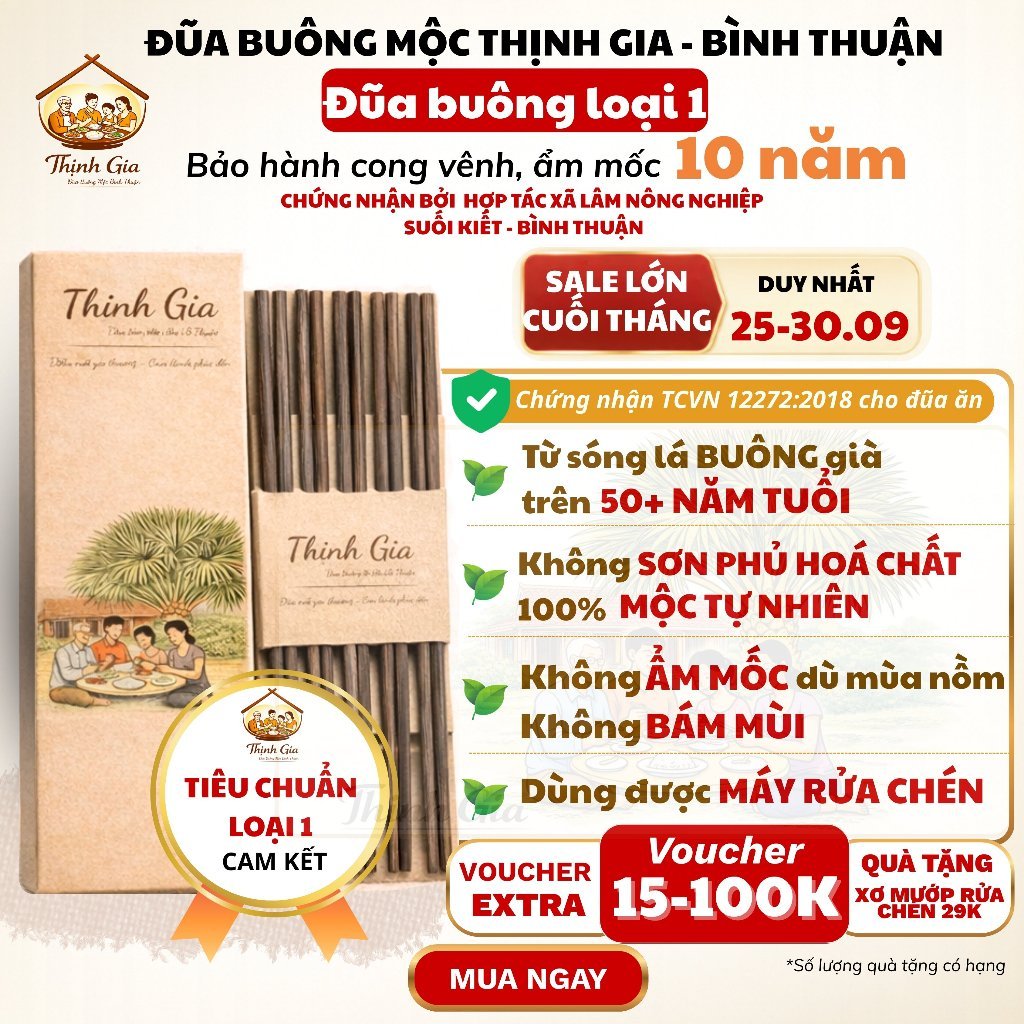 Đũa Buông Cao Cấp (loại 1) Thịnh Gia - 100% Tự Nhiên Không Sơn Phủ, Không Ẩm Mốc, Không Bám Mùi, Dùng Được Máy Rửa Chén