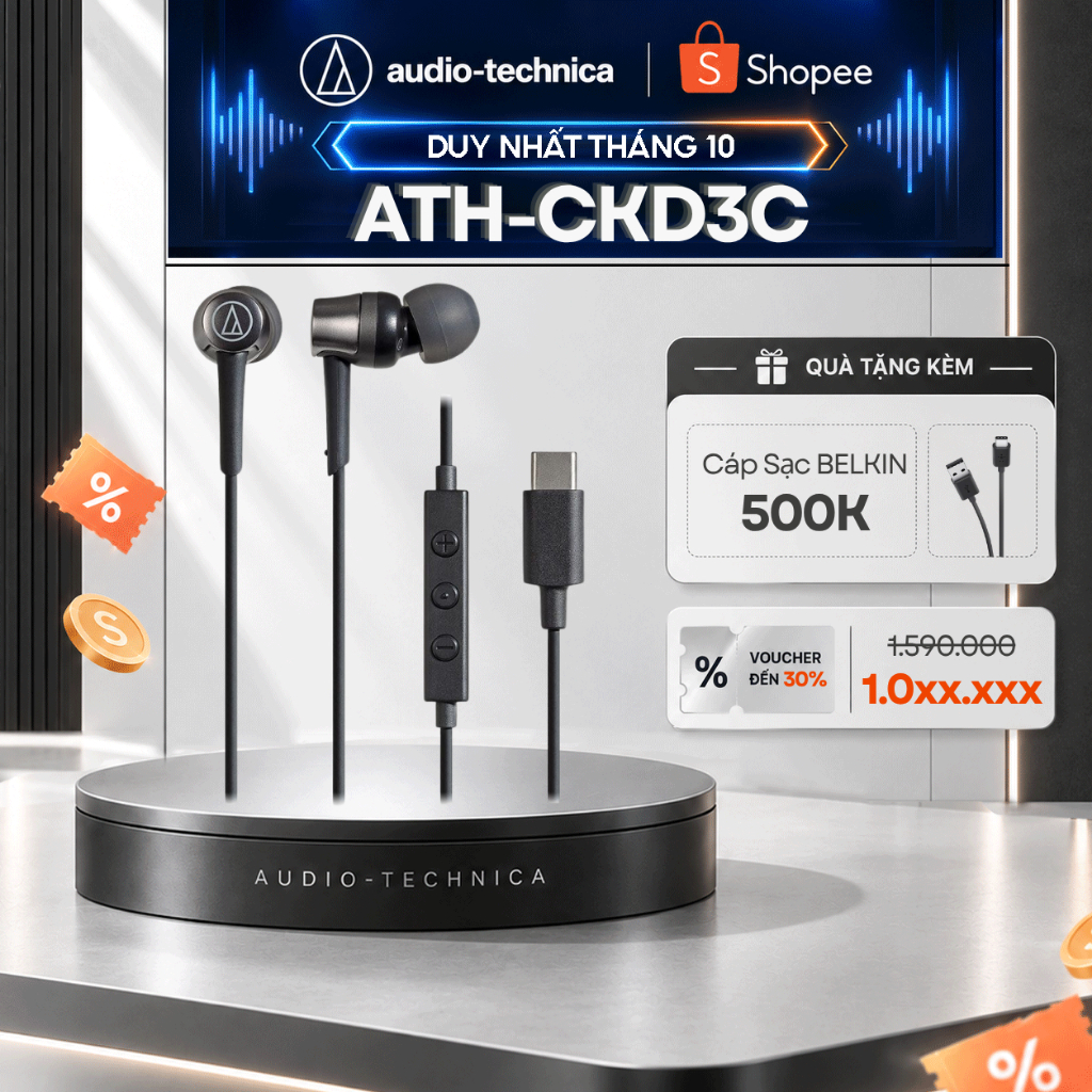 [Chính Hãng] Tai nghe nhét tai Audio-Technica ATH-CKD3C USB Type-C Có Dây Có Mic Cho Điện Thoại Laptop