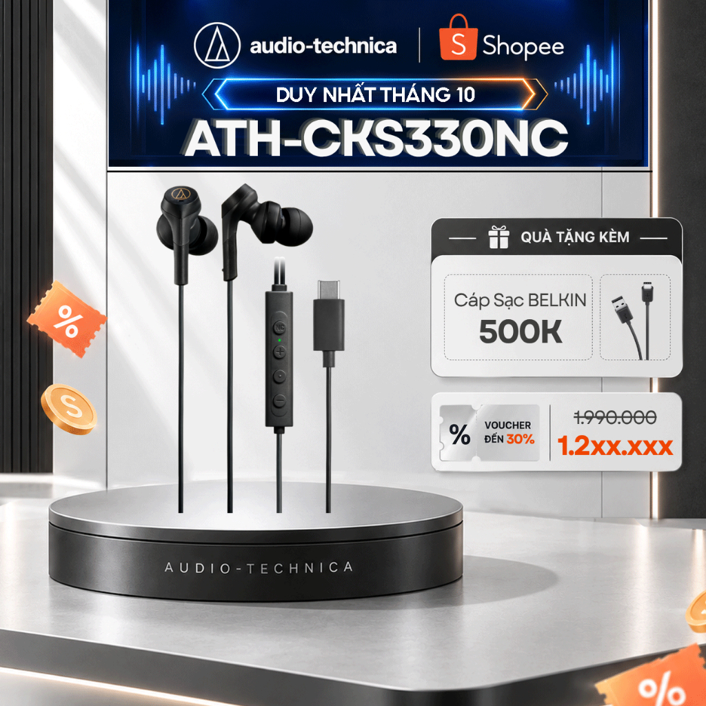 [Chính Hãng] Tai nghe nhét tai Audio-Technica ATH-CKS330NC USB-C Chống Ồn ANC Có Mic Bass Mạnh