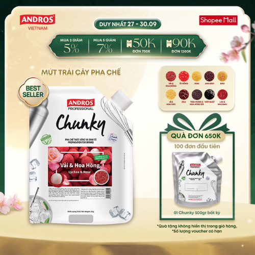[BEST SELLER] Mứt Trái Cây Pha Chế - Có miếng trái cây thật - Nguyên liệu pha chế - ANDROS CHUNKY - 1kg