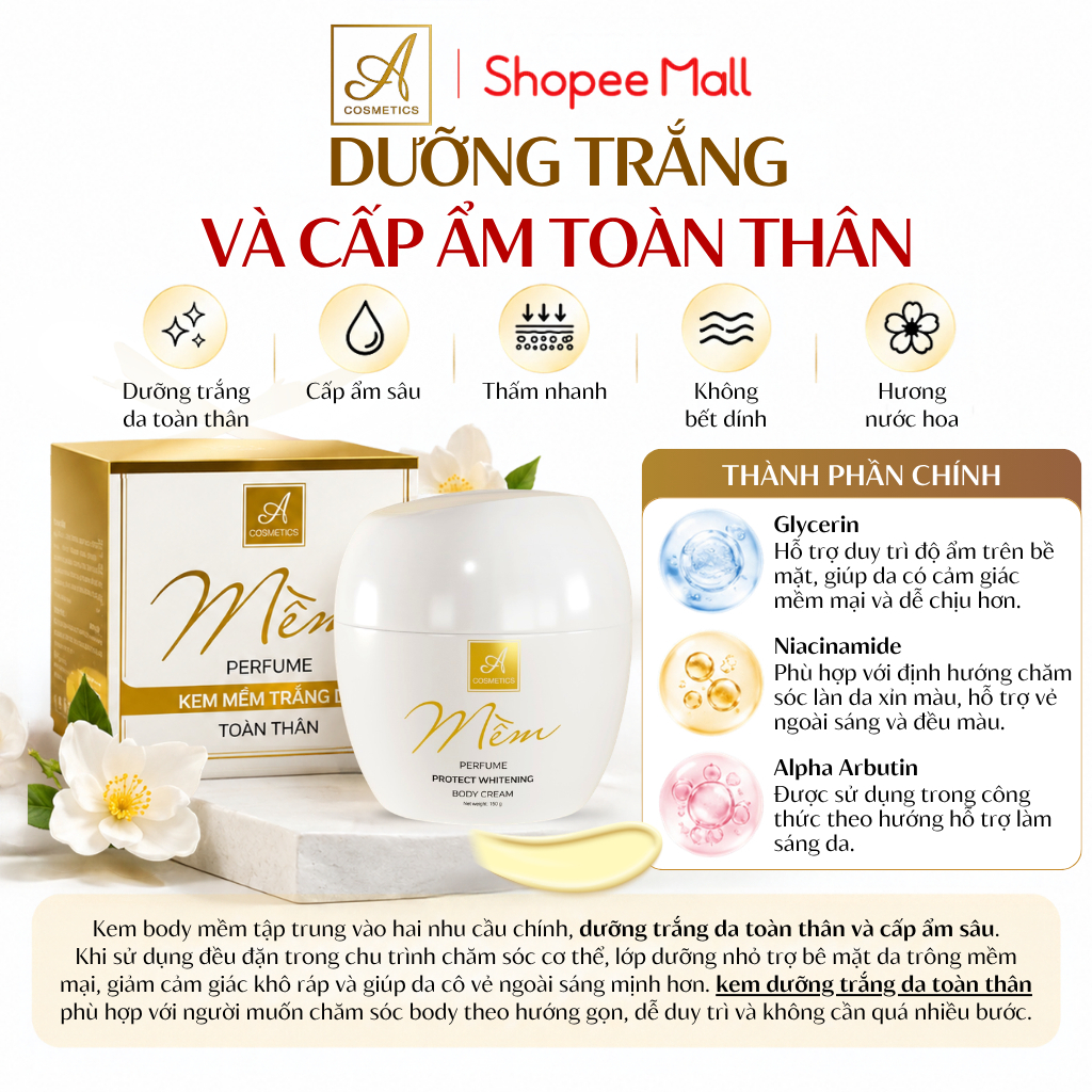 Kem body mềm A Cosmetics, dưỡng trắng da toàn thân, cấp ẩm, không gây bết dính, hương nước hoa 150g | BigBuy360 - bigbuy360.vn