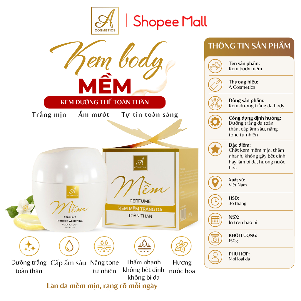 Kem body mềm A Cosmetics, dưỡng trắng da toàn thân, cấp ẩm, không gây bết dính, hương nước hoa 150g | BigBuy360 - bigbuy360.vn