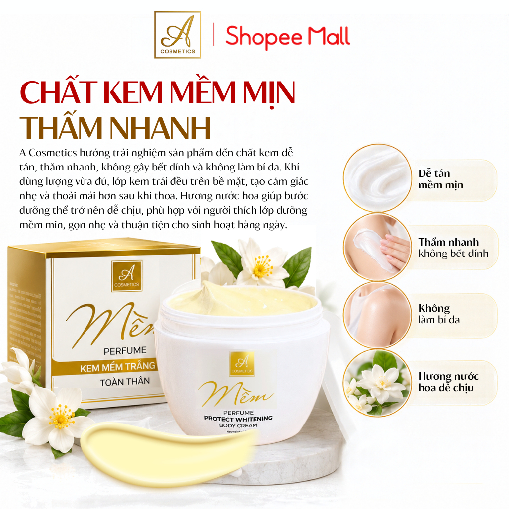 Kem body mềm A Cosmetics, dưỡng trắng da toàn thân, cấp ẩm, không gây bết dính, hương nước hoa 150g | BigBuy360 - bigbuy360.vn