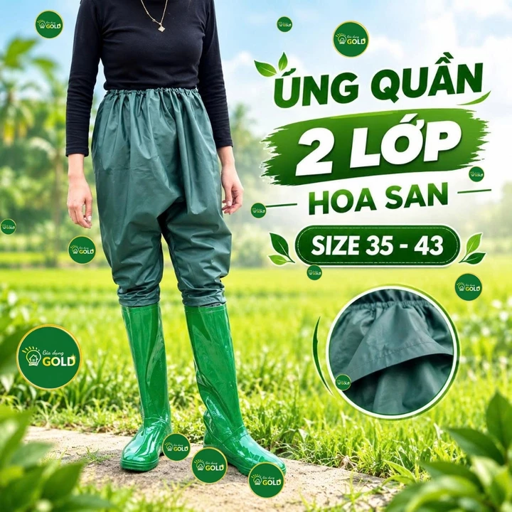 Ủng quần 2 LỚP lội nước đến bụng Hoa San size 35-43 đế mềm màu xanh, quần ủng bảo hộ lao động, ủng lội nước Giadunggold