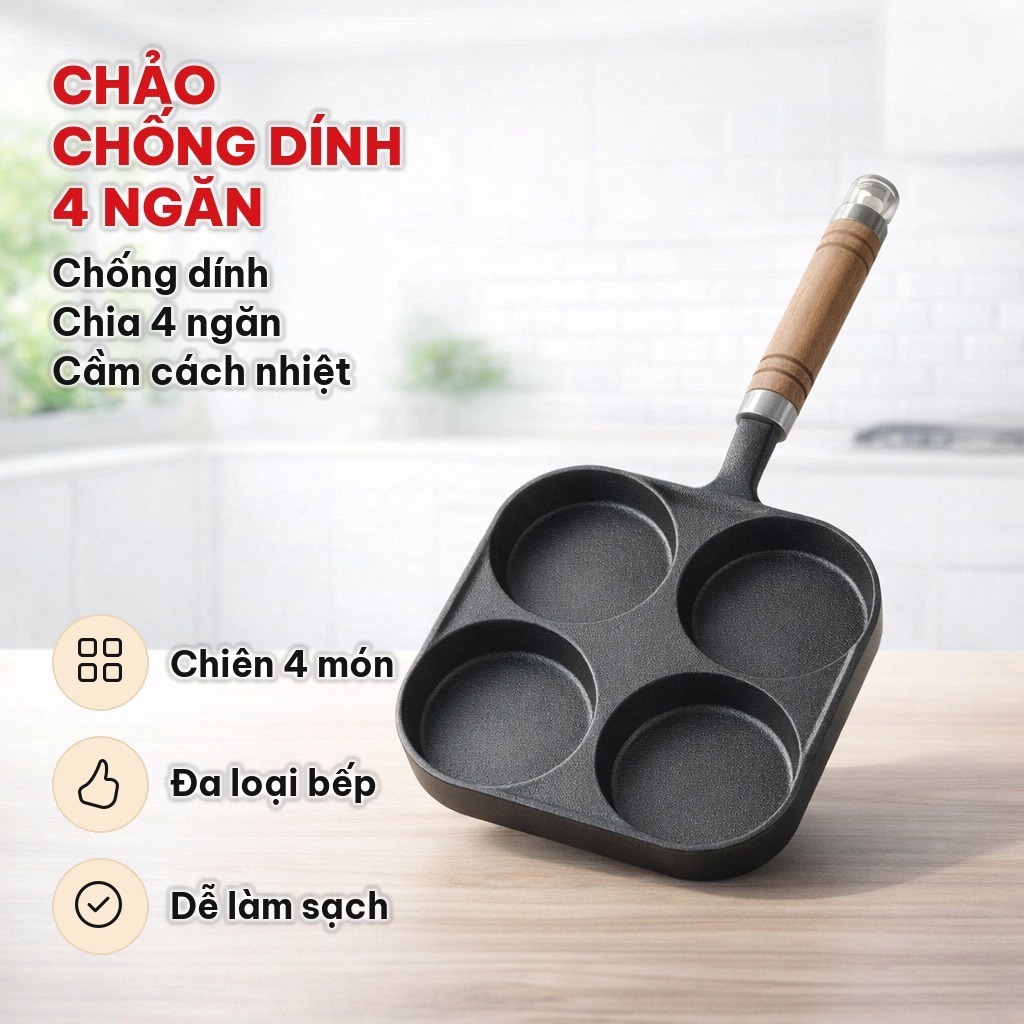 Chảo Chiên Trứng 4 Ngăn 4 Lỗ Chống Dính, Chảo Làm Bánh Tay Cầm Gỗ Dùng Trên Bếp Ga, Từ Và Hồng Ngoại