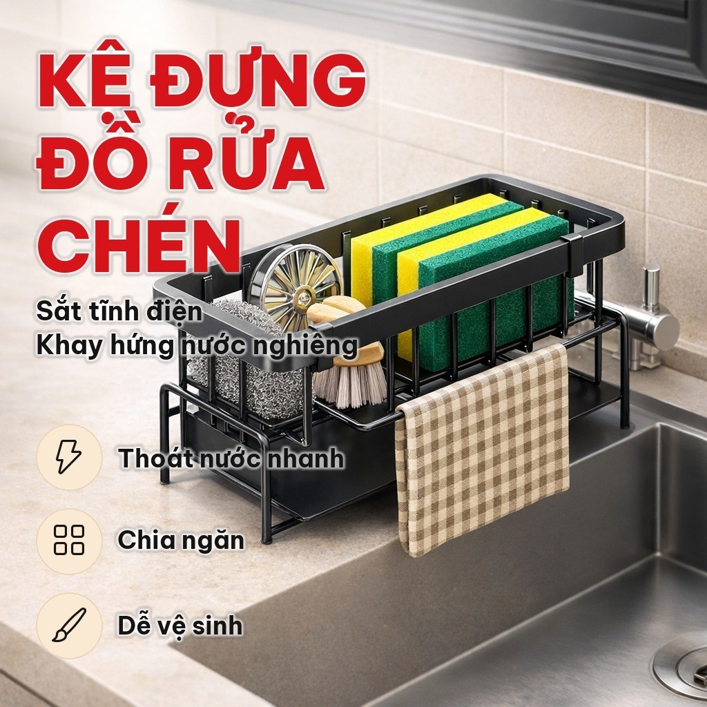 Kệ Đựng Đồ Rửa Chén Bát Bằng Sắt Tĩnh Điện, Giá Đựng Giẻ Lau Bát Có Khay Hứng Nước Nghiêng Cho Bồn Rửa