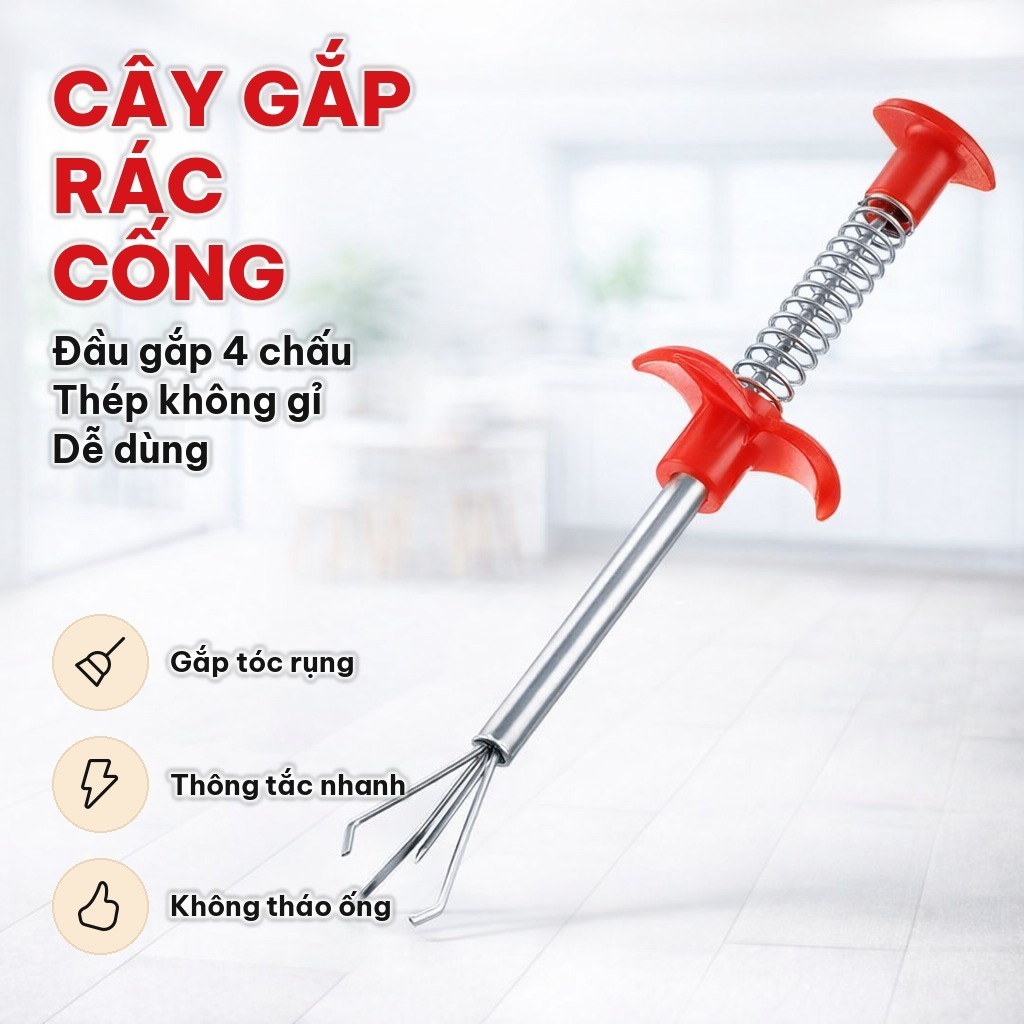(COMBO 2) Cây Lấy Rác Cống Đầu Gắp 4 Chấu, Dây Thông Cống Thép Không Gỉ - Gắp Tóc Rụng, Rác Vụn Trong Ống Thoát Nước