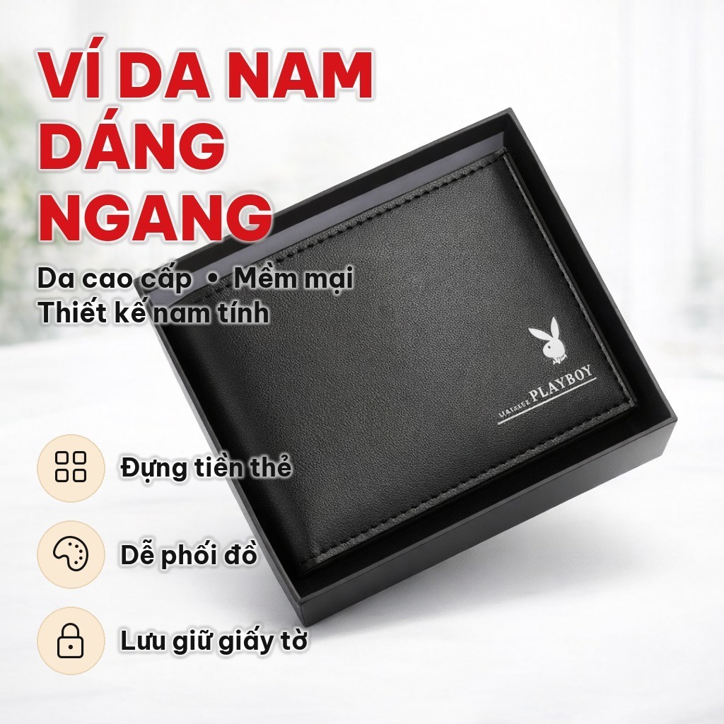 Ví Nam Da Cao Cấp Dáng Ngang Nhiều Ngăn, Bóp Đựng Tiền Thiết Kế Gập Tiện Lợi - Đựng Thẻ ATM, Giấy Tờ Cho Phái Mạnh