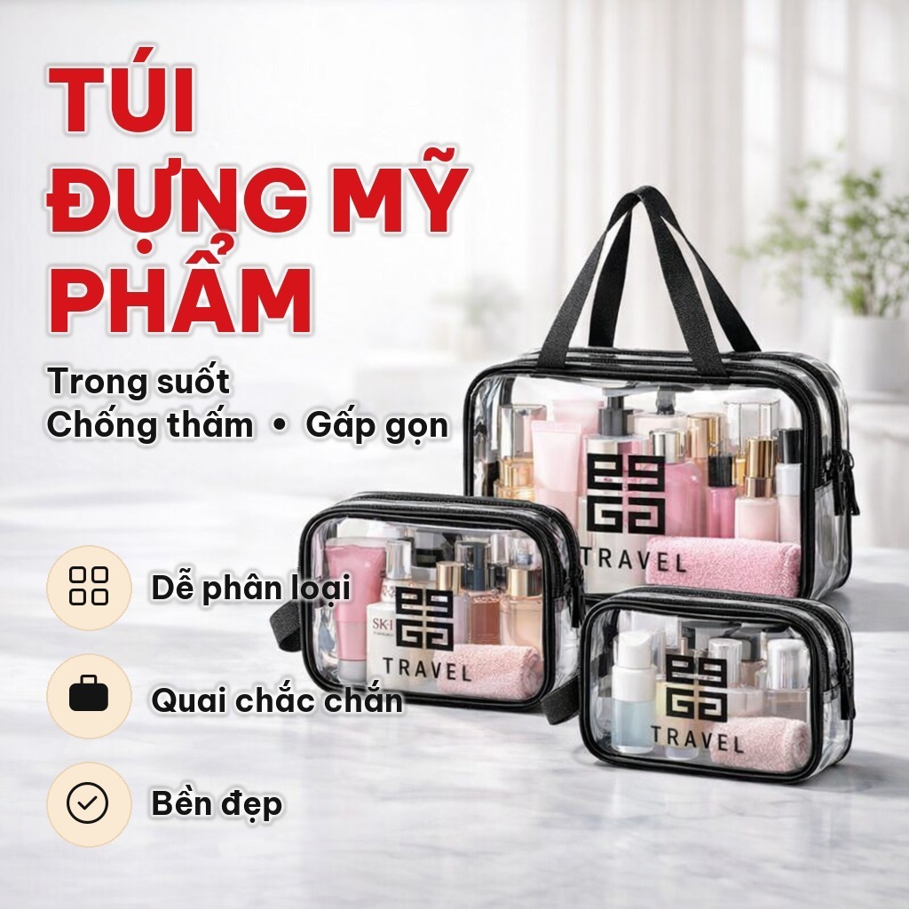 COMBO 3 TÚI Túi Đựng Mỹ Phẩm Trong Suốt 3 Size, Bộ Đựng Đồ Trang Điểm Chống Thấm Nước, Chất Liệu PVC