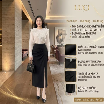 Chân Váy Bút Chì Công Sở LUCI CV013 - Chân Váy Ôm Dáng Dài 80cm Xếp Ly Sườn Xẻ Tà Vải VinTech Cao Cấp Phối Áo Kiểu Nữ