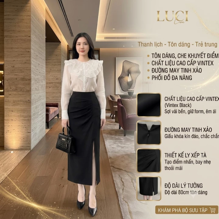 Chân Váy Bút Chì Công Sở LUCI CV013 - Chân Váy Ôm Dáng Dài 80cm Xếp Ly Sườn Xẻ Tà Vải VinTech Cao Cấp Phối Áo Kiểu Nữ
