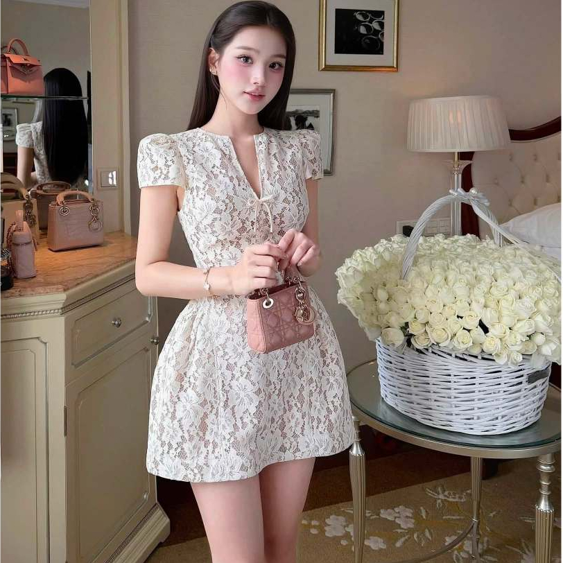 (CÓ BIGSIZE) Đầm nữ dự tiệc ren tay phồng cổ V xinh đẹp MEEEE DRES