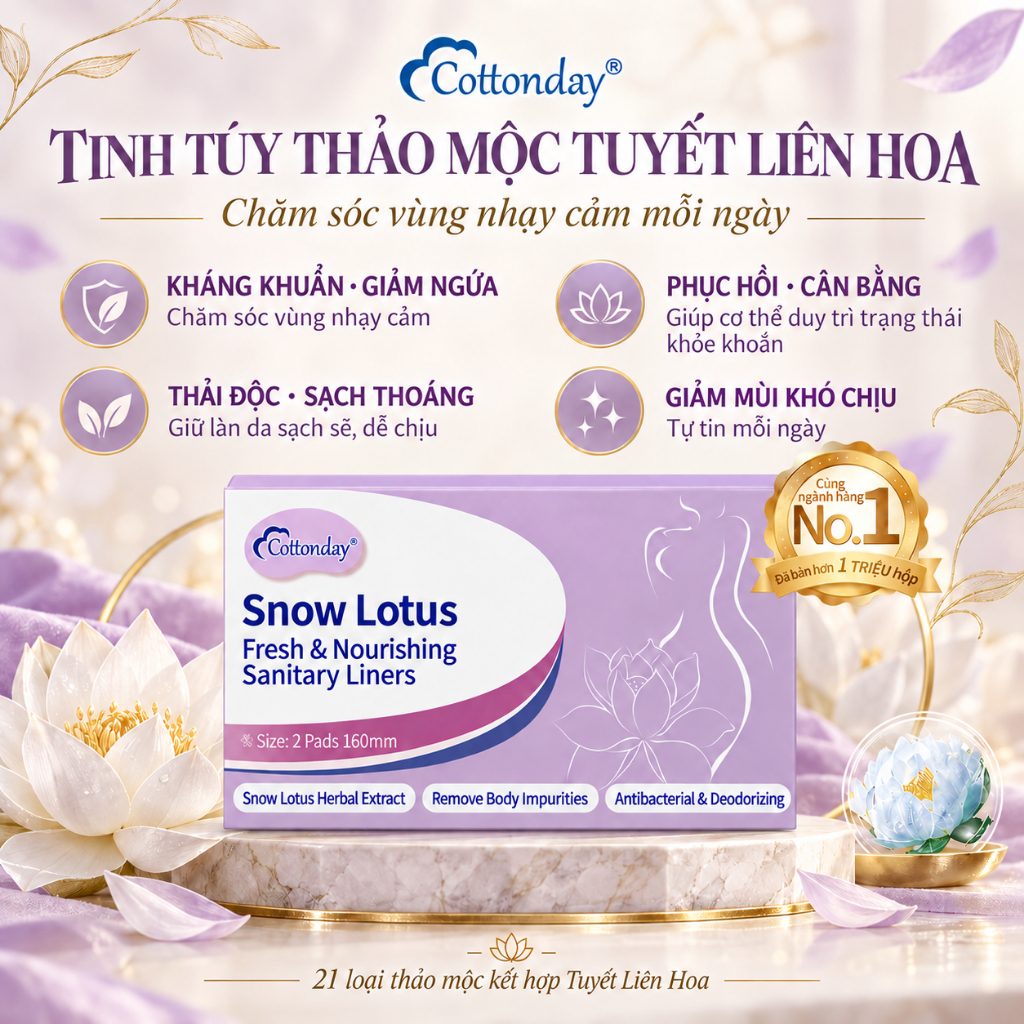 Băng vệ sinh Snow Lotus Cottonday 160mm (2 miếng), chứa 14 chiết xuất thảo dược tự nhiên