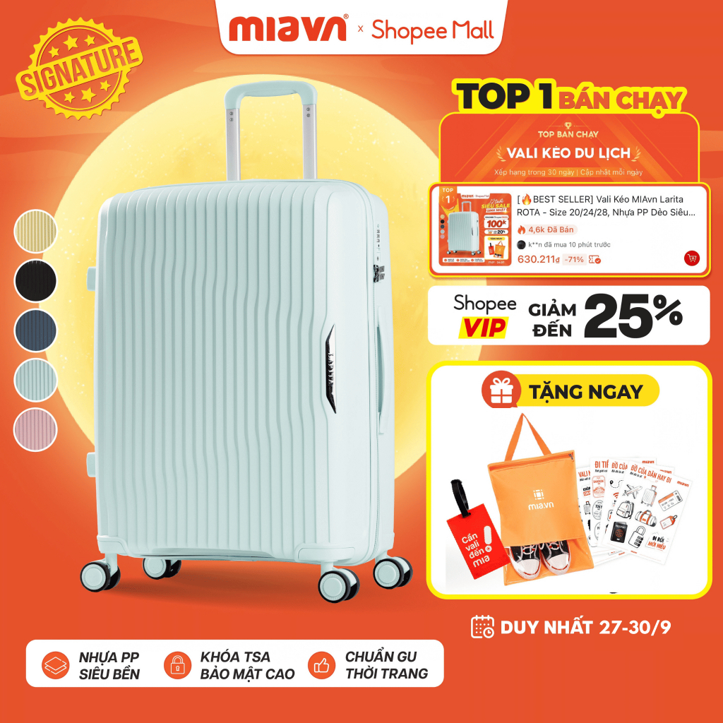 [🔥BEST SELLER] Vali Kéo MIAvn Larita ROTA - Size 20/24/28, Nhựa PP Dẻo Siêu Bền, Hạn Chế Bể, Khoá TSA, Bảo Hành Trọn Đời