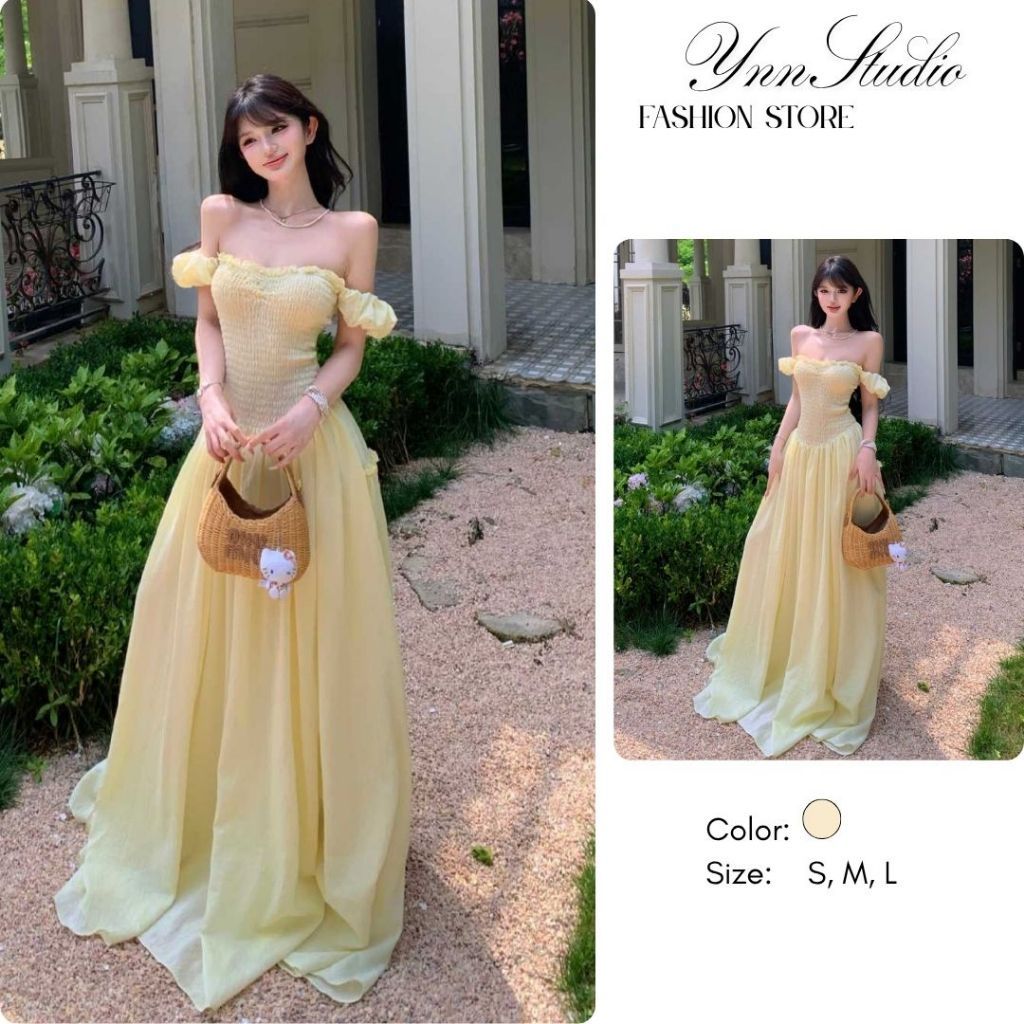 Đầm maxi nữ Ynn Studio màu vàng dáng xòe trễ vai phong cách dễ thương
