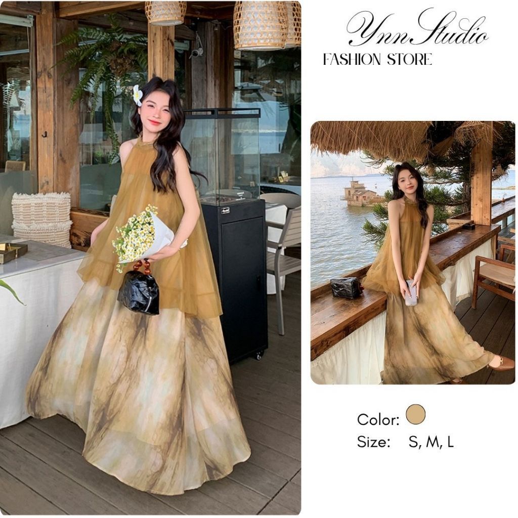 Đầm maxi loang cổ yếm dáng dài đi biển