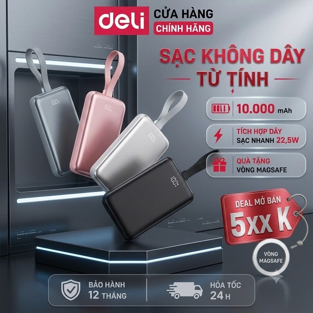 Sạc Dự Phòng Không Dây Sạc Nhanh 22,5W DELI 10000mAh Pin Sạc Dự Phòng Từ Tính Cho Đồng Hồ Điện Thoại