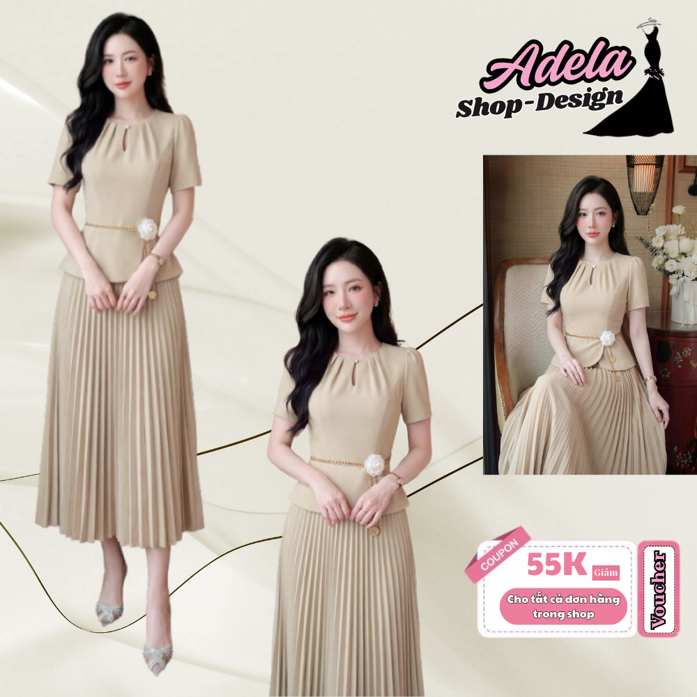 Set Váy ADELA DESIGN Mango Ý Kem Nude Áo Peplum Chiết Eo Chân Váy Dập Ly Đai Xích Hoa MDU6790