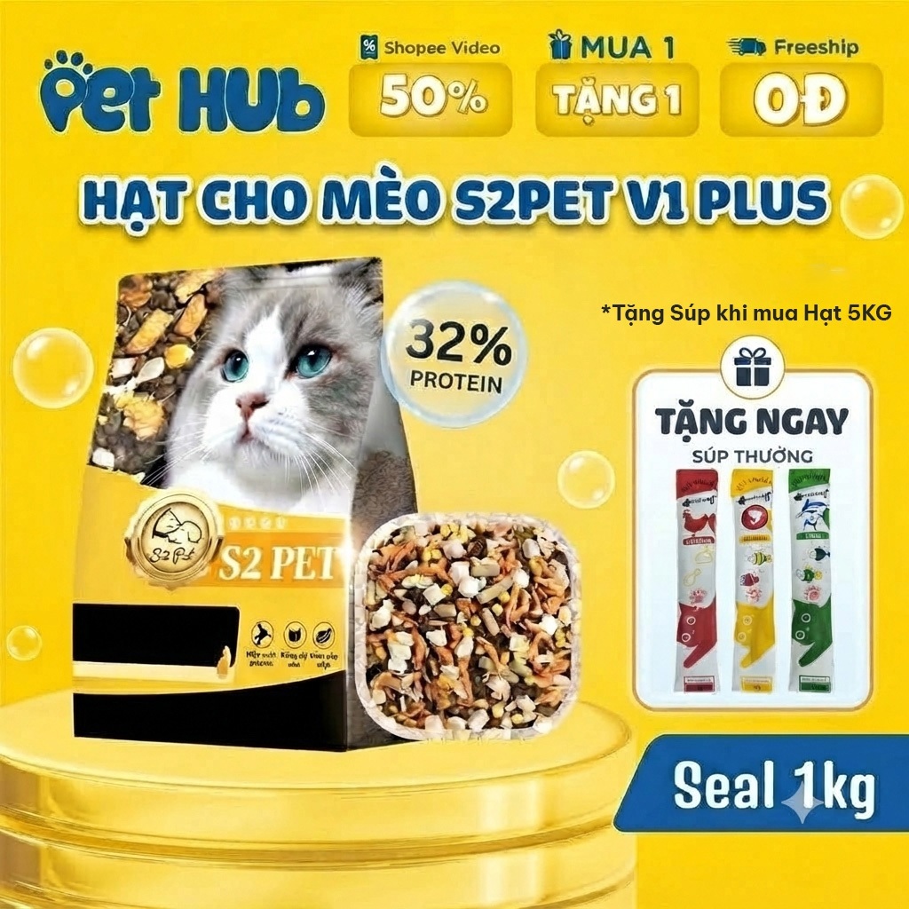 [1KG] Hạt Mèo S2PET V1 Đạm 32%, Hạt S2 Pet Mix Thịt Đông Khô, Kích Thích Thèm Ăn