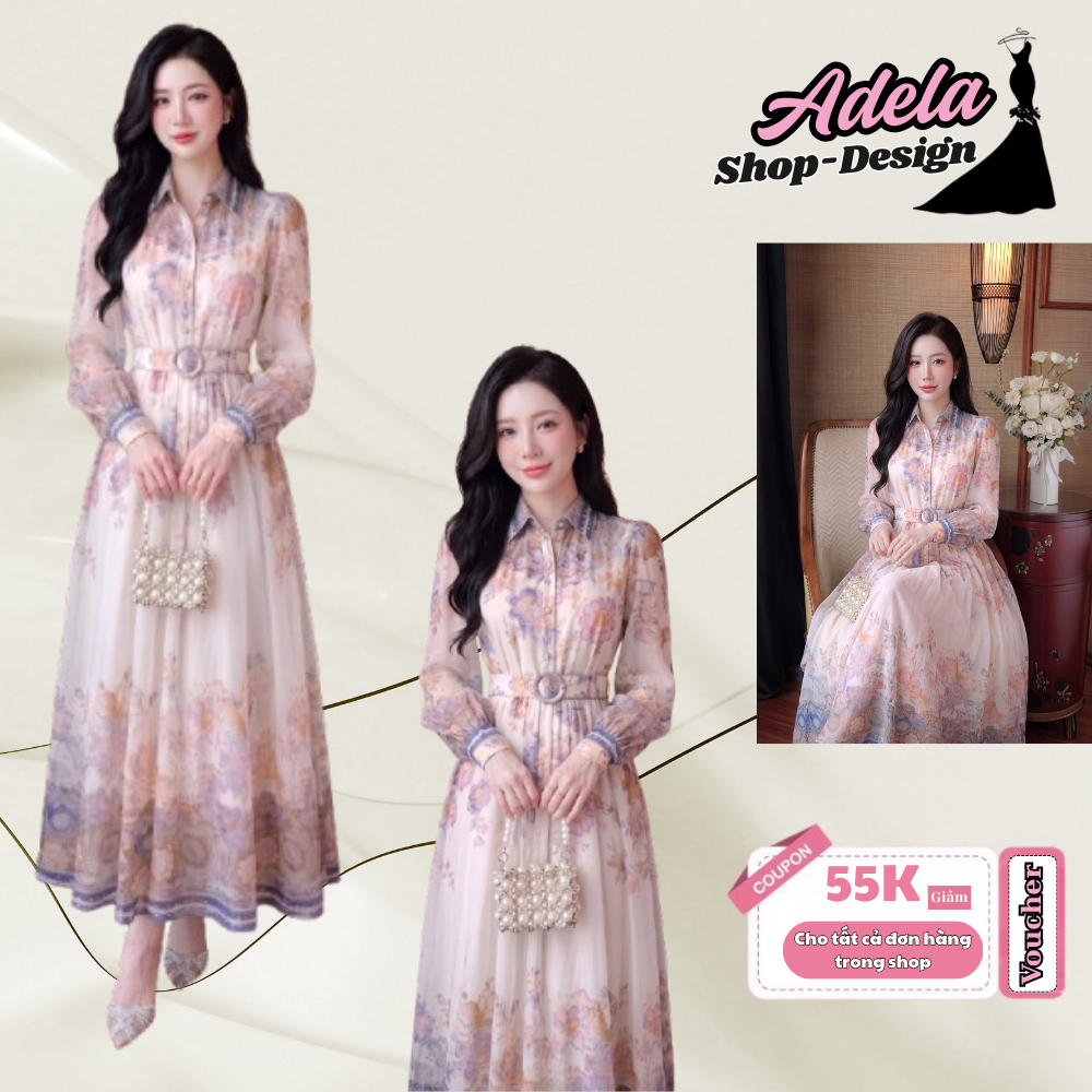 Váy Thiết Kế ADELA DESIGN Tơ Hàn Cao Cấp Hoa Pastel Nền Kem Tay Dài Bo Tay Có Cúc Cổ Sơ Mi Đai Lưng Đính Liền MDU6610