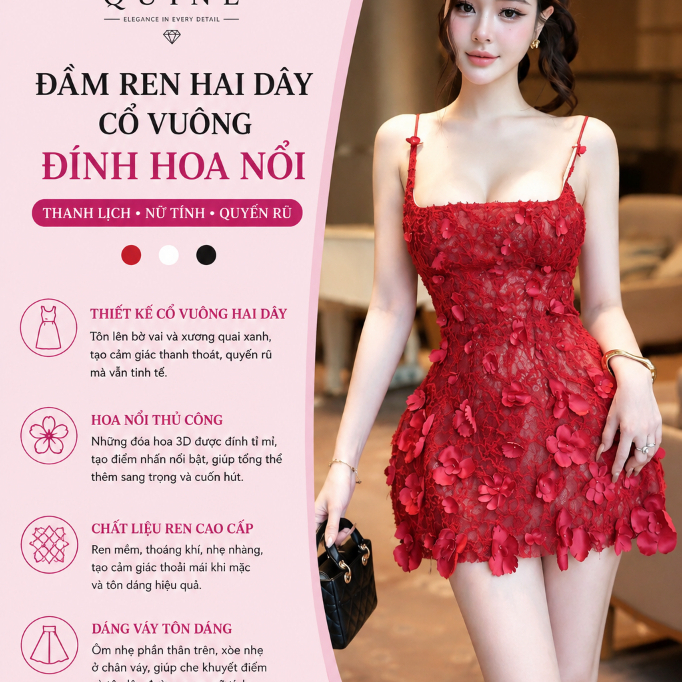 Đầm Ren Hai Dây Cổ Vuông Đính Hoa Nổi Quyến Rũ – Váy Nữ Dự Tiệc Sang Chảnh Tiểu Thư Tôn Dáng