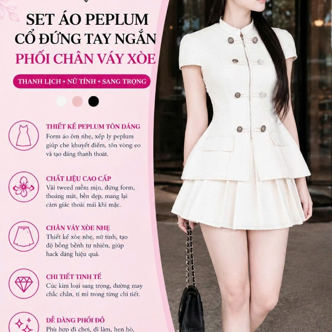 Set Áo Peplum Cổ Đứng Tay Ngắn Phối Chân Váy Xòe Tiểu Thư – Set Đồ Nữ Sang Trọng Thanh Lịch Tôn Dáng Dự Tiệc