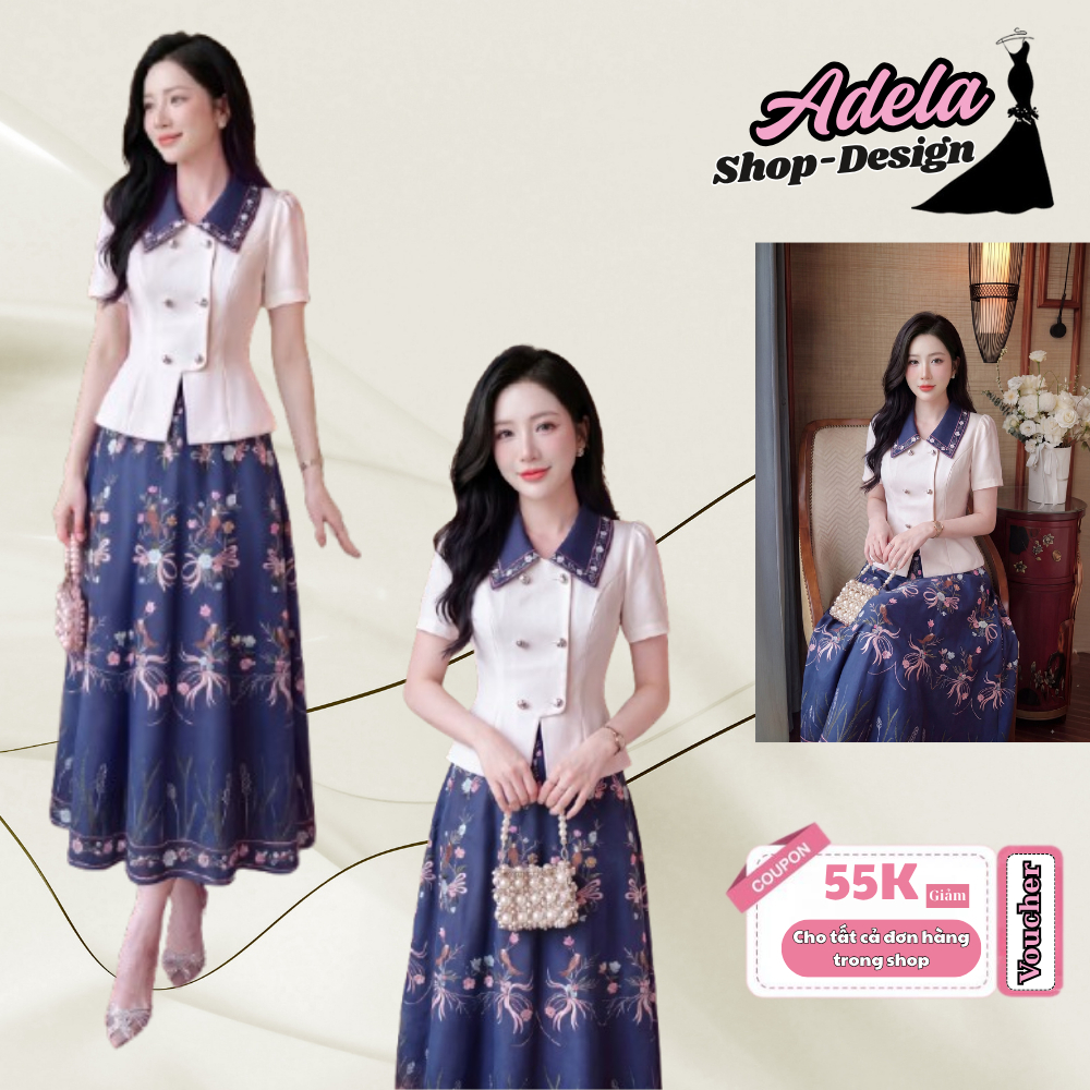 Set Váy Công Sở ADELA DESIGN Chéo Tuyết Tơ Óng Hàn Cao Cấp Áo Cúc Cài Chân Váy Xanh Navy Hoa Cỏ Đa Sắc MDU6729