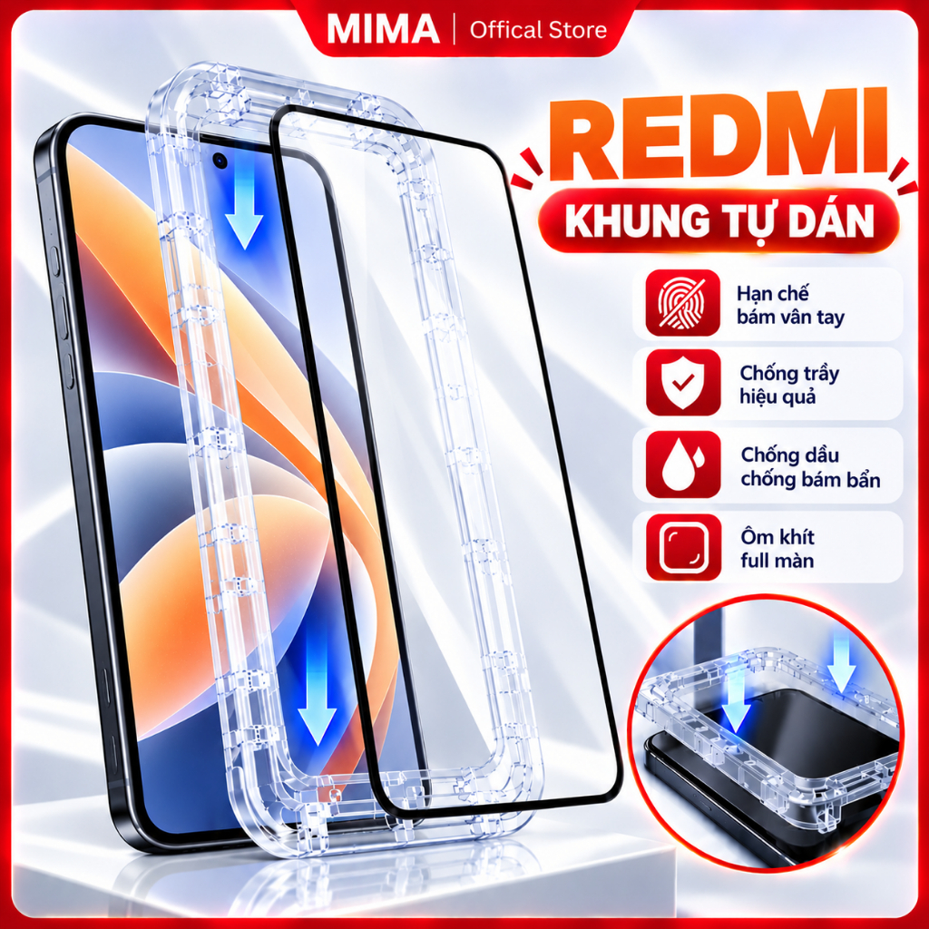 Kính cường lực khung tự dán Redmi Note 15 14 13 13 Pro 12 12 Pro 11 Pro 11s 15 15C 14C 13 13C 12 12C 10c K30 K40 K50 K60