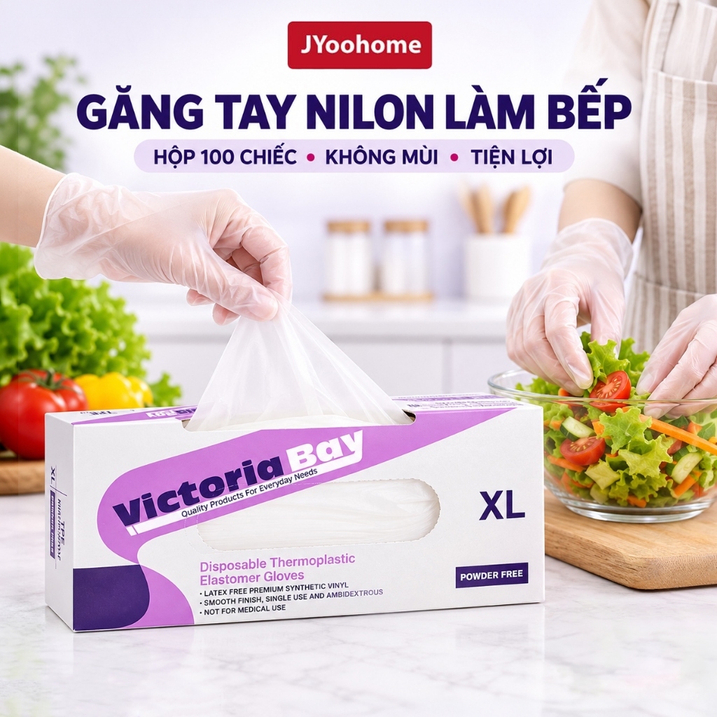Hộp 100 Găng tay nilon làm bếp nấu ăn vệ sinh Victoria Bay JYoohome Bao tay TPE kháng khuẩn