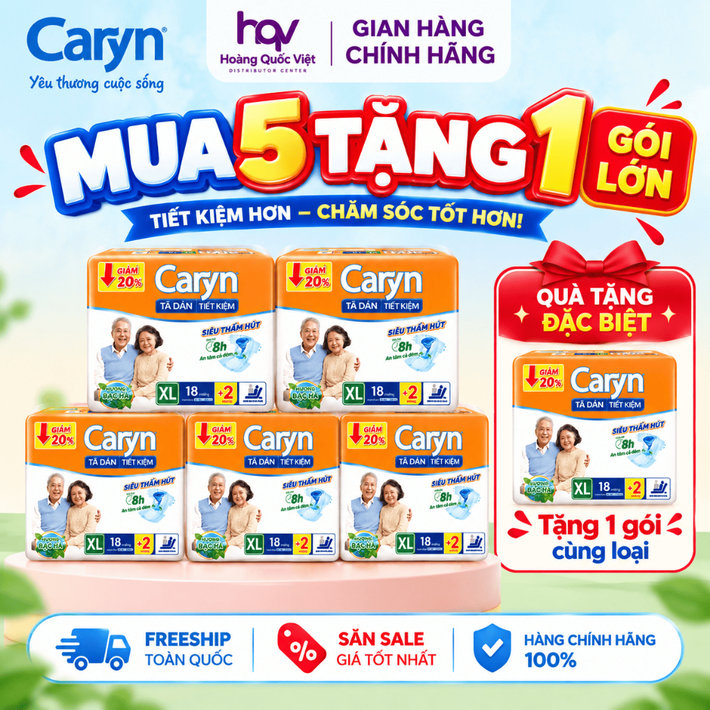 [MUA 5 TẶNG 1] Tã/Bỉm Dán Người Già Caryn Cam Tiết Kiệm Size M L XL Chính Hãng Thấm Hút 8H Ngăn Tràn