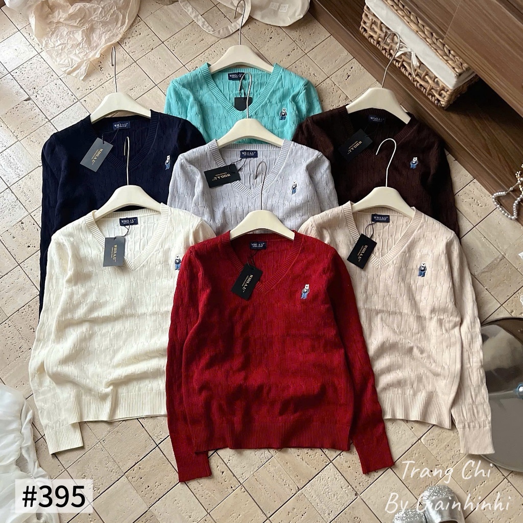 Áo len thừng cổ tim thêu gấu, Áo len dài tay mềm mịn AL395 - NhiNhi Shop