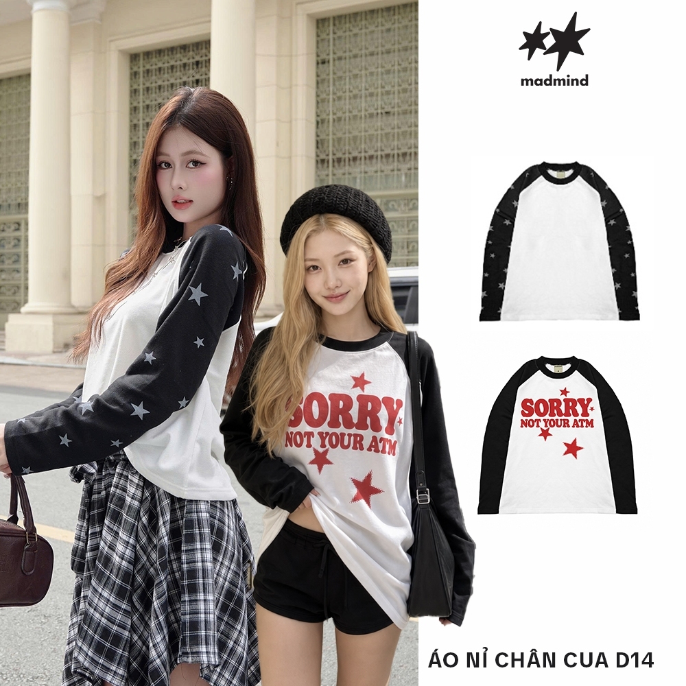 MADMIND Áo Nỉ Raglan Unisex Nam Nữ Tay Dài In Kiểu Vintage Ngôi Sao D14 - Màu Đen, Đỏ, Xám, Sọc Trắng, Sọc Xanh, Sọc Đen