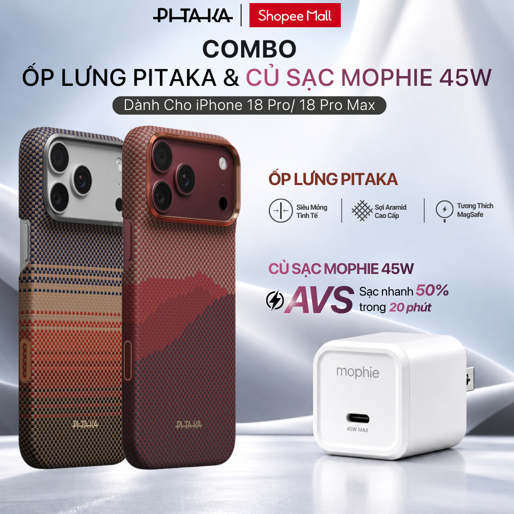 [COMBO ỐP & SẠC 45W Dành Cho iPhone 18 Pro/ Pro Max] Ốp Lưng PITAKA Cao Cấp, Mỏng Nhẹ & Củ Sạc Mophie 45W