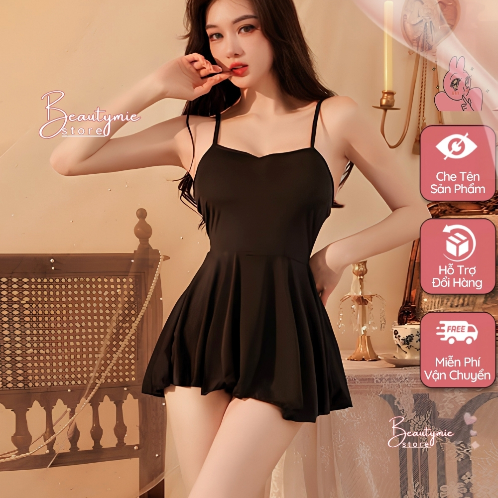 Váy ngủ sexy mặc nhà xòe đáng yêu đầm ngủ nữ 2 dây thun mềm mịn đen