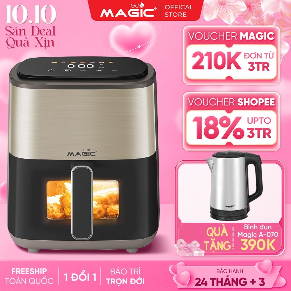 Nồi chiên không dầu điện tử 6L Magic Eco AC-163,Công suất 1500W, Cửa Sổ Trực Quan, BH 24TH