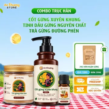 Combo Trục Hàn 1 An Khương - Trà gừng đường phèn + Cốt gừng Xuyên Khung + Tinh dầu gừng Giúp Làm Ấm,Thư Giãn Và Hồi Phục