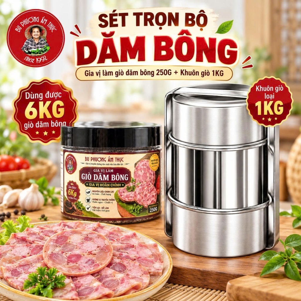 Sét Dăm Bông Trọn Bộ (Gia Vị + Khuôn) - Thương Hiệu Bu Phương Ẩm Thực (Dùng Cho 6kg Giò Đậm Đà)