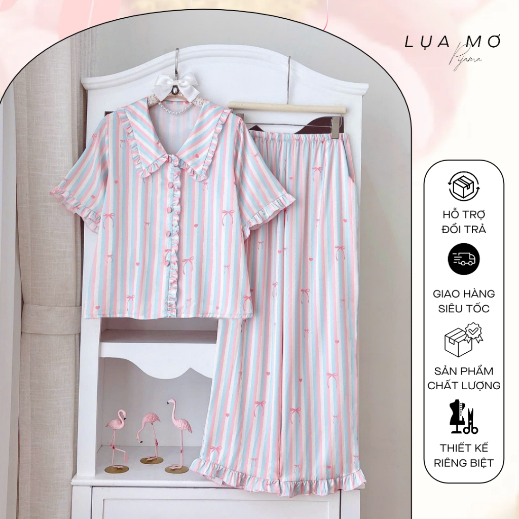 Pijama Tay Ngắn Tiểu Thư Phối Bèo Họa Tiết Basic Vải Lụa Latin Cao Cấp - Đồ bộ Lụa Mơ LM281