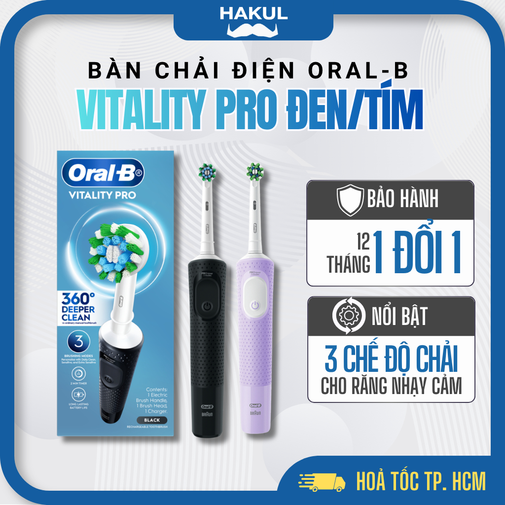 Bàn Chải Điện Oral-B Vitality Pro Chính Hãng 3 Chế Độ Chải Êm, Đánh Sạch Mảng Bám, Chống Nước - Kèm Đầu Bàn Chải