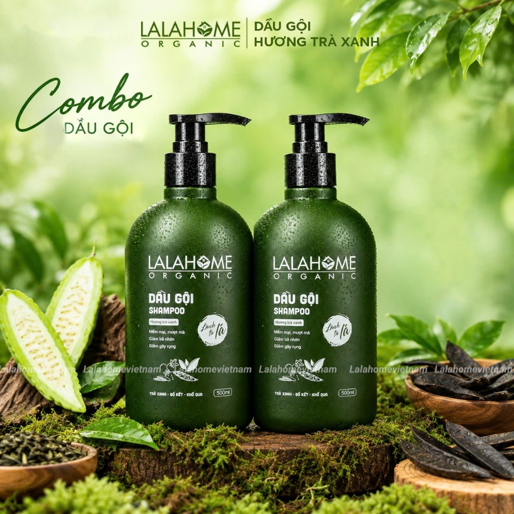 Combo 2 Chai Dầu Gội LALAHOME ORGANIC Chiết Xuất Trà Xanh - Giảm ngứa, sạch gàu, giảm gãy dụng tóc