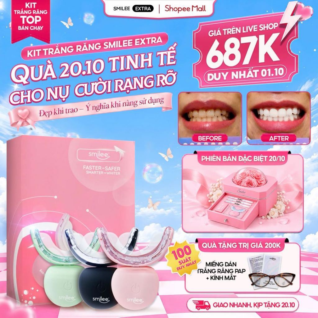 [GIÁ 631K TẠI LIVE SHOP] Trắng Răng SMILEE EXTRA, Bộ Kit Làm Trắng Răng Từ 2-6 Tone, Set Quà Tặng 20/10 Cho Nữ LIS