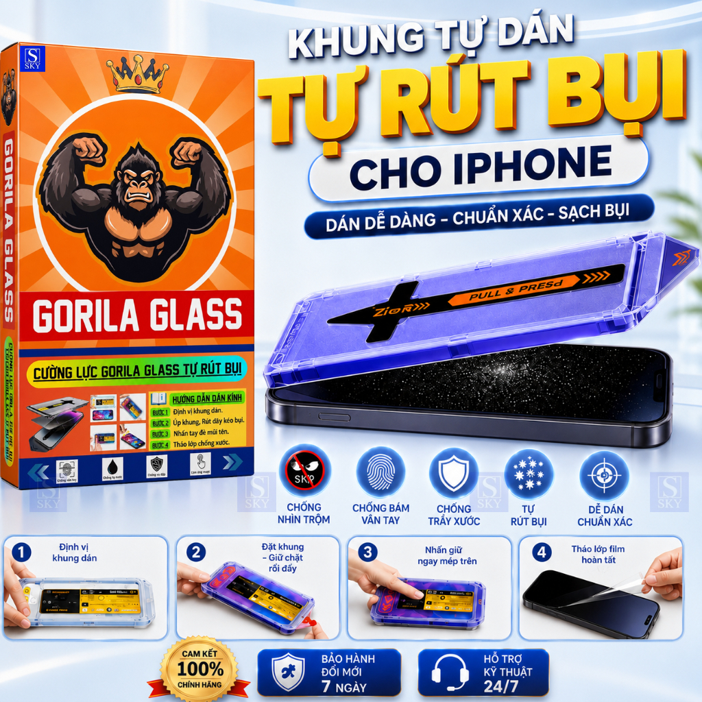 Kính Cường Lực iPhone khung tự dán GORILA GLASS Chống Nhìn Trộm Có Rút Bụi 17 18 ProMax 16 15 14 13 12 11 Xs Max