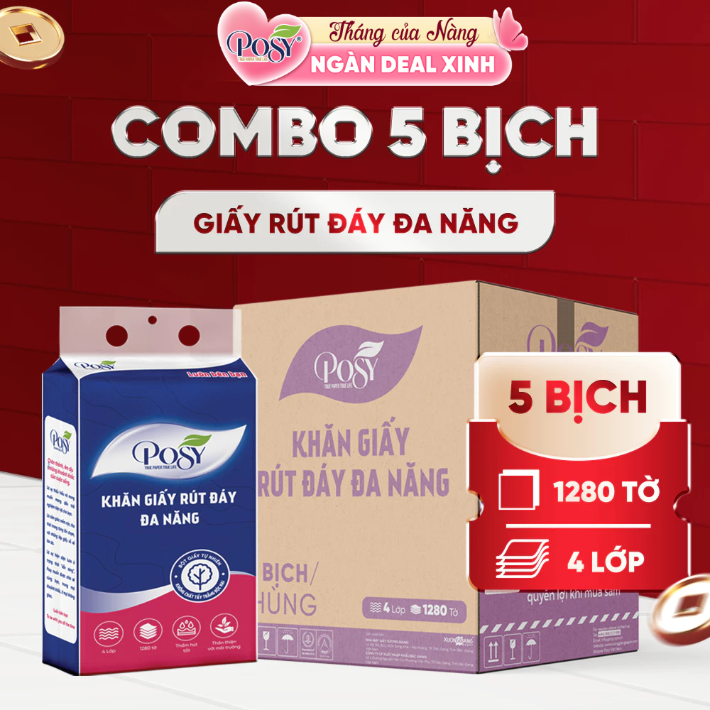 POSY - COMBO ĐA NĂNG THÙNG 5 BỊCH GIẤY RÚT POSY ĐA NĂNG 1280 TỜ 4 LỚP SIÊU TIẾT KIỆM TẶNG KÈM MÓC