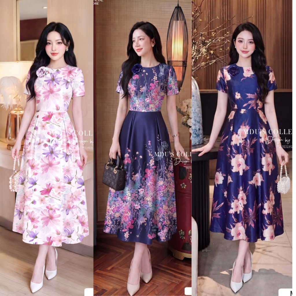 Váy Thiết Kế ADELA DESIGN Lụa Twist Satin Họa Tiết Dáng Xòe Ôm Nhẹ Hoa Vải Thủ Công BST MDU6363