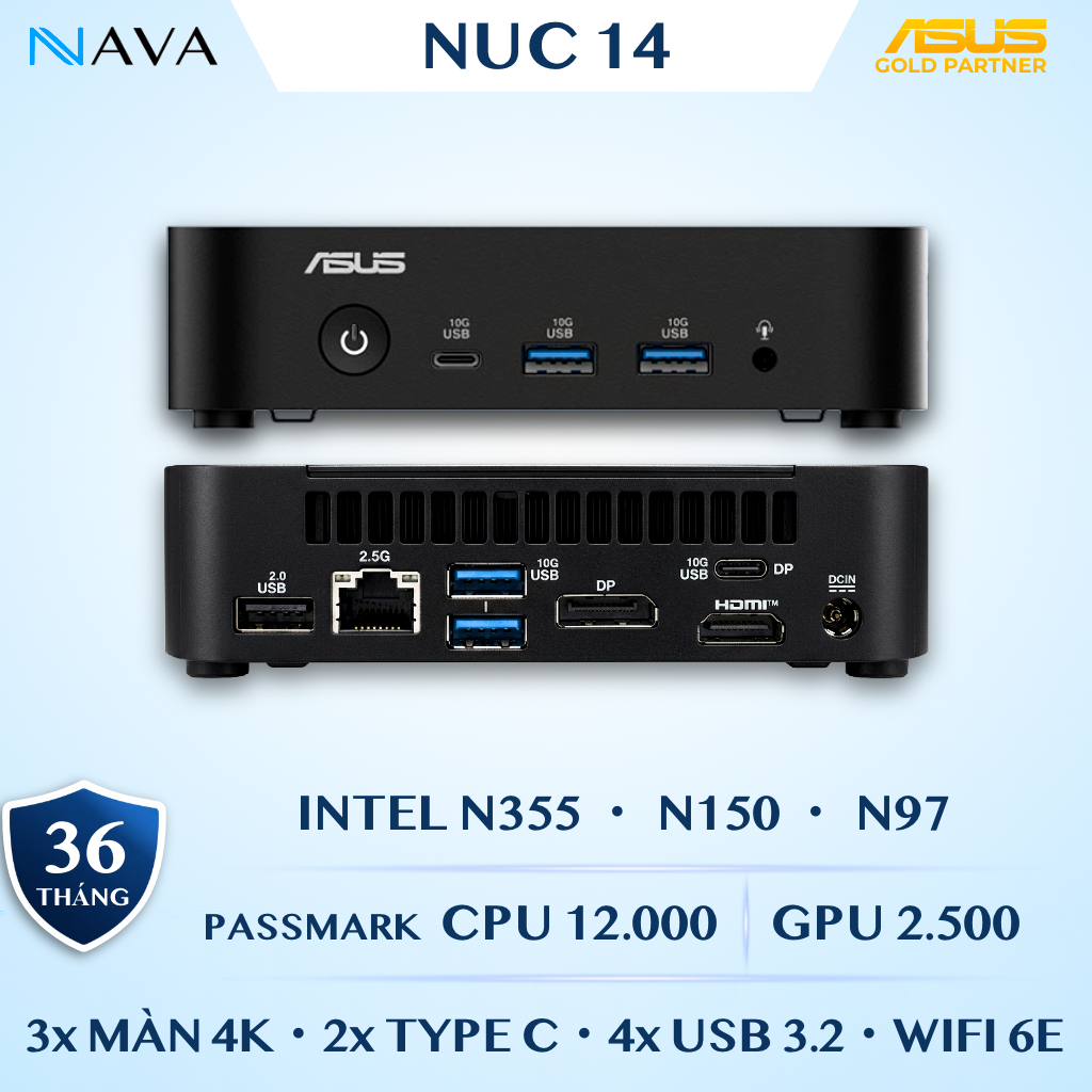 Mini PC ASUS NUC 14 Essential Intel RNUC14MNK1500000 N150 N355 N97, DDR5, Tiết Kiệm Điện, 3 Màn 4K Bảo hành 36 Tháng