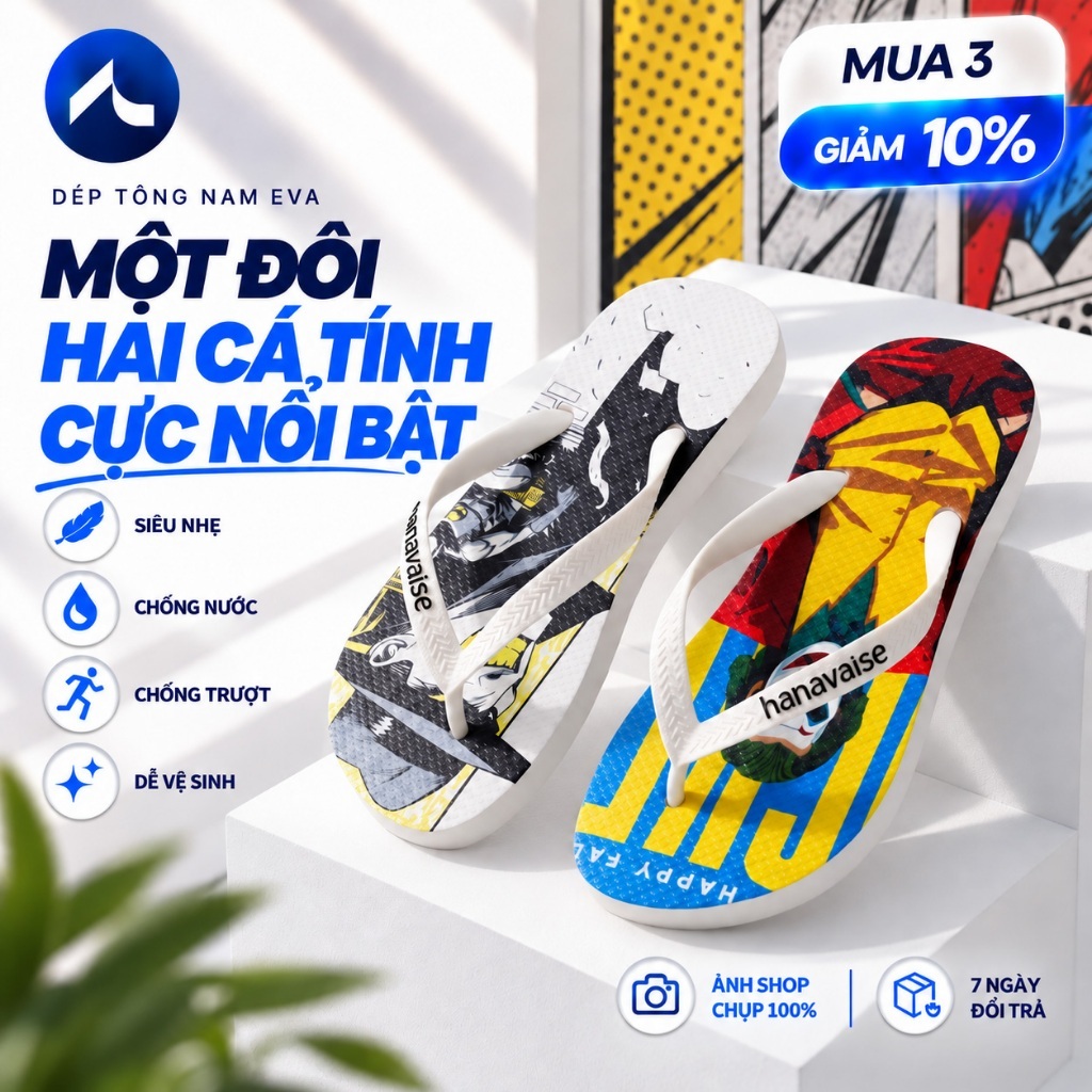 Dép Tông Nam EVA In Hình Cá Tính | Dép Xỏ Ngón Nam Siêu Nhẹ Chống Nước Chống Trượt Size 38-44