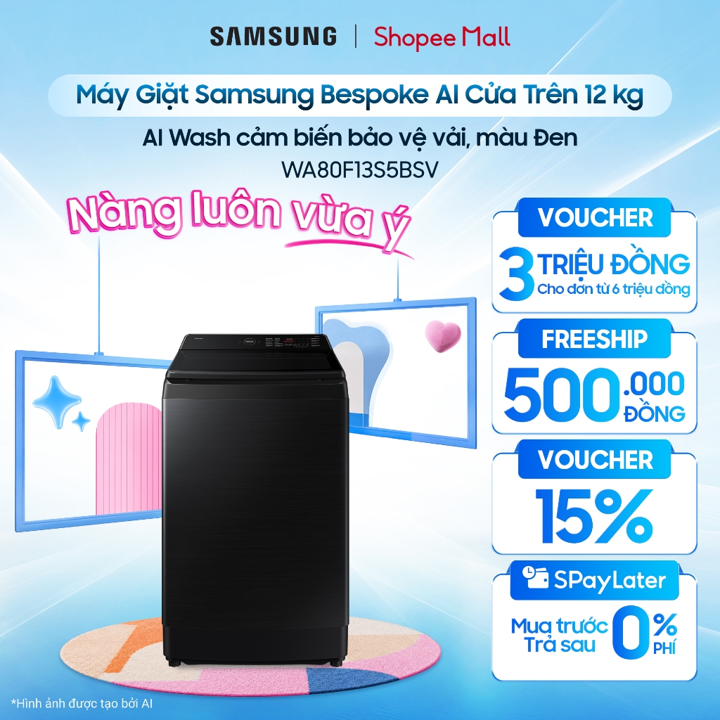 Máy Giặt Samsung Bespoke AI Cửa Trên 13 kg WA80F13S5BSV - AI Wash cảm biến bảo vệ vải, màu Đen
