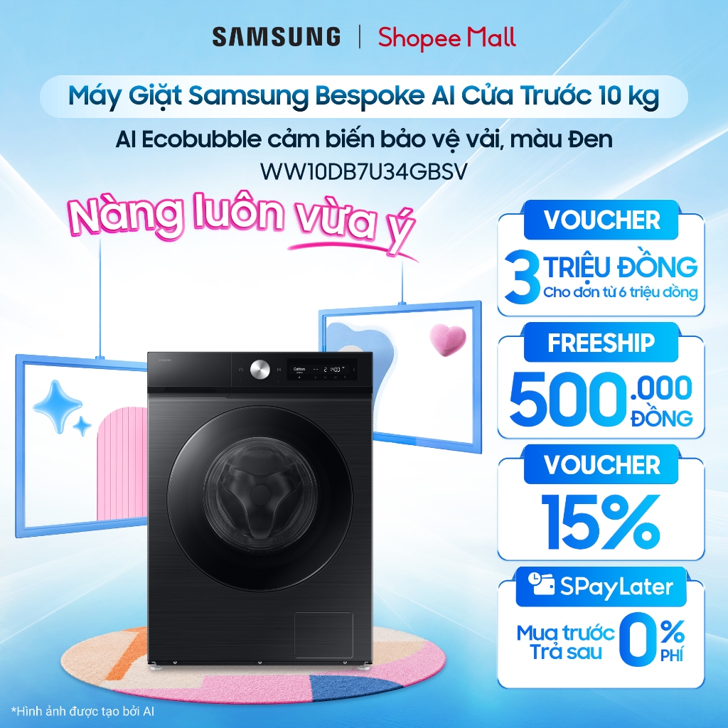 Máy giặt Samsung 10kg WW10DB7U34GBSV Bespoke AI™ - Giặt hơi nước Hygiene Steam, Màu Đen