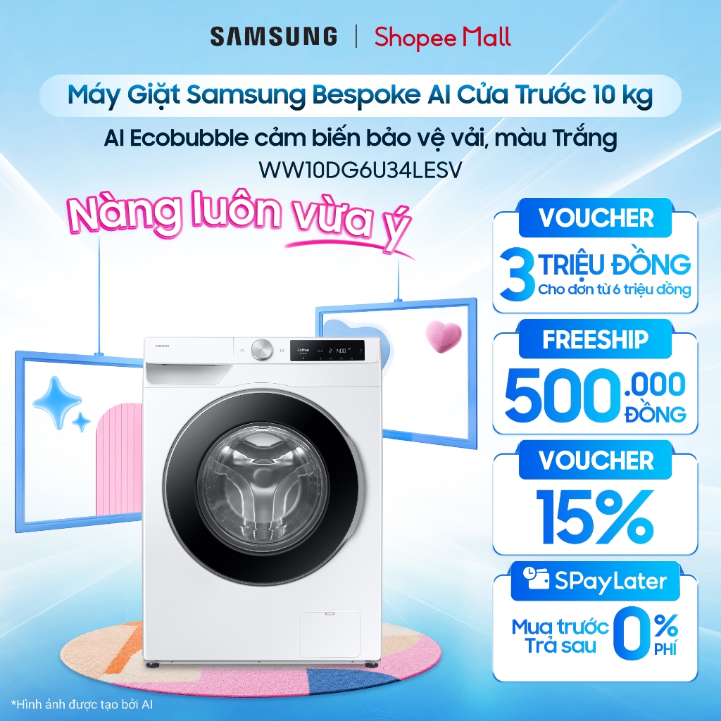 Máy Giặt Samsung Bespoke AI Cửa Trước 10 kg WW10DG6U34LESV - AI Ecobubble cảm biến bảo vệ vải, màu Trắng