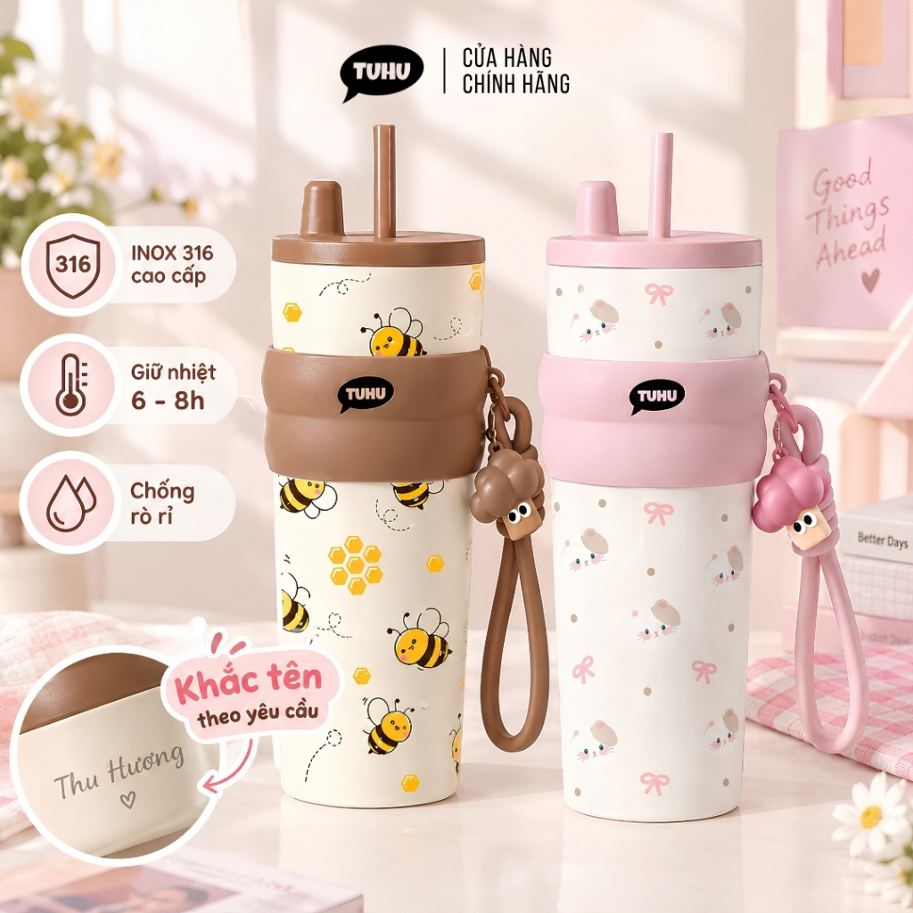Ly giữ nhiệt khắc tên Fun 710ml có ống hút, ly giữ nhiệt nóng lạnh inox 316 cao cấp có quai xách tiện lợi – TUHUHOUSE